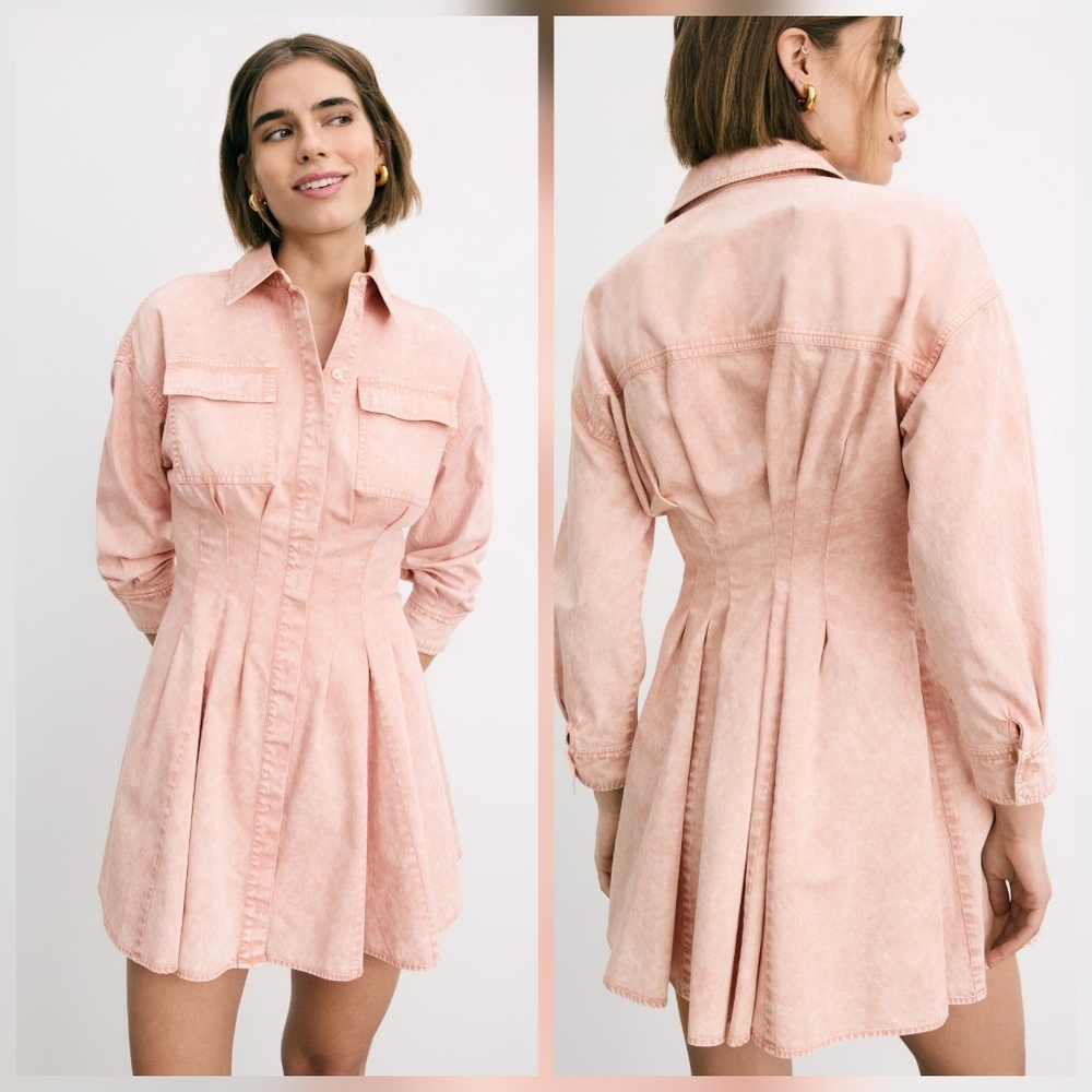 MICHAEL KORS Denim Pleat Shirt Dress Collared Long Sleeves Front Button Size XL
